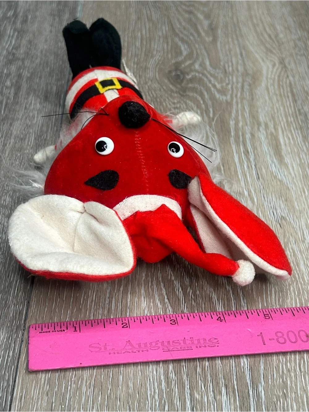 Vintage Red Felt Christmas Mouse Ornament Plush Santa Suit Retro 8”